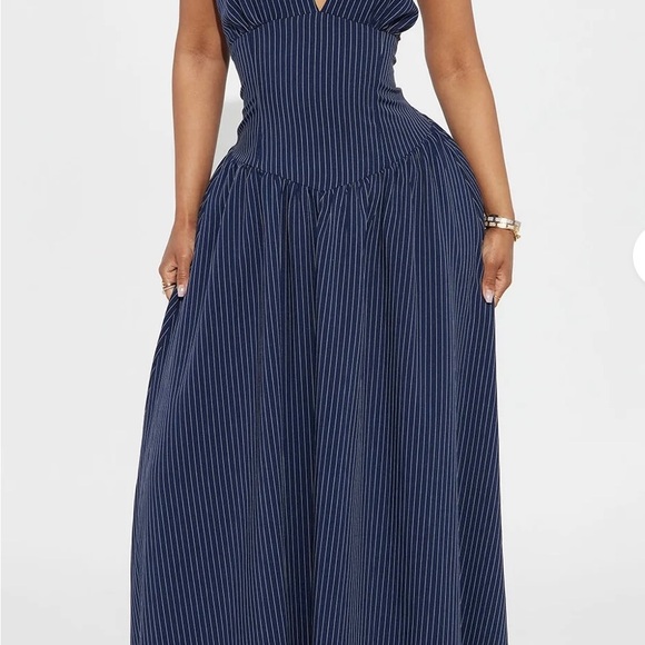 Zara Dresses & Skirts - Jayla Pinstripe Halter Maxi Dress - Navy/combo  Size L